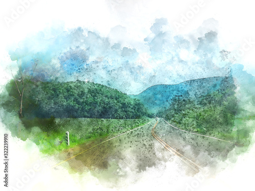 Abstract colorful mountain peak and tree landscape on watercolor illustration painting background. © Watercolor_Concept