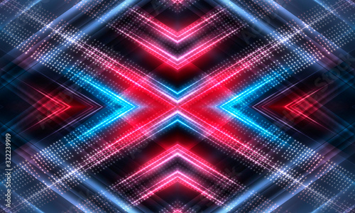 Empty dark abstract background. Background of an empty show scene. Glow of neon lights on an empty stage. Light tunnel, abstract light. Dark background Neon light.