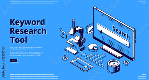 Keyword research tool isometric landing page. Microscope, smartphone, graph and pie chart lying around computer monitor. Seo optimization, analysis service 3d vector illustration, web banner line art
