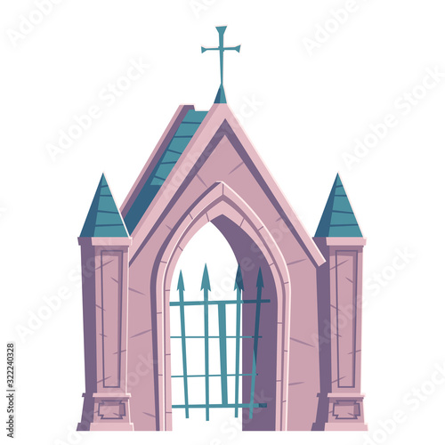 Cemetery gate with metal grid and cross on top