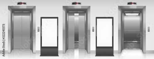 Blank billboards and elevator doors in office hallway. Vector realistic empty modern interior with open and closed lift doors and LCD screen floor stands