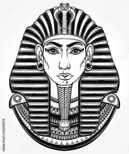 Hand-drawn vintage illustration of the ancient Egyptian  Pharaoh's head. Tattoo art, graphic, t-shirt design, postcard, poster design, coloring books. Tutankhamen mask. Vector illustration.