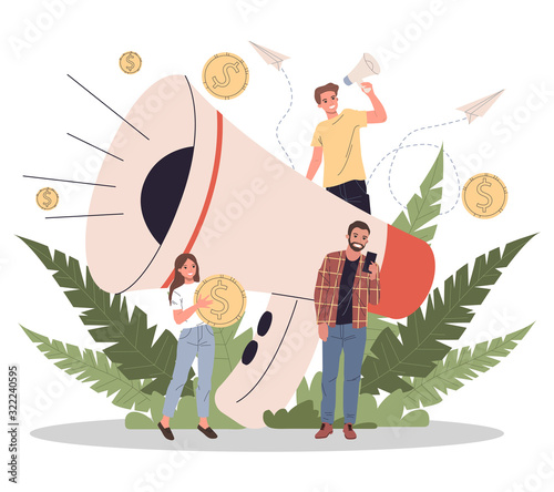Business speaker shouting on megaphone vector illustration. Promoter attracting target buyers and clients. Promotion, marketing, and communication concept.