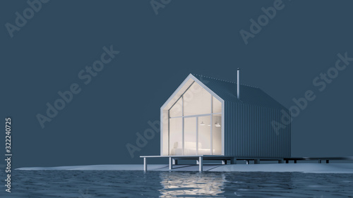 The project of a modern small cottage house in Scandinavian eco-friendly Northern style with a high roof on the lake in white materials with daylight, 3D illustration 3D rendering. Stock illustration