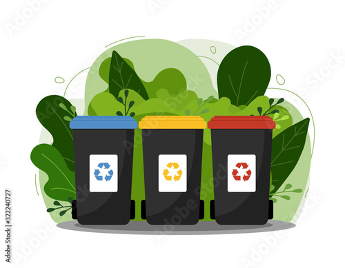 Garbage cans vector flat illustrations. Sorting garbage. Ecology and recycle concept. Black recycle trash bins on modern flat green background.