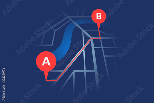 City street map plan with river GPS place pins and navigation red route between A to B point markers. Vector dark blue color perspective view isometric illustration location schema