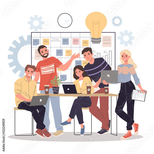 Positive office employees with laptops discussing ideas. Young people standing at planning board, drinking coffee, talking. Vector illustration for brainstorming, briefing, scrum management concept