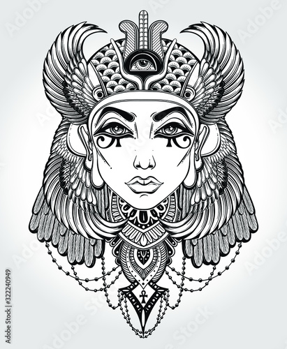 Hand-drawn vintage illustration of the ancient Cleopatra's head. Tattoo art, graphic, t-shirt design, postcard, poster design, coloring books,spirituality, occultism. Vector illustration.