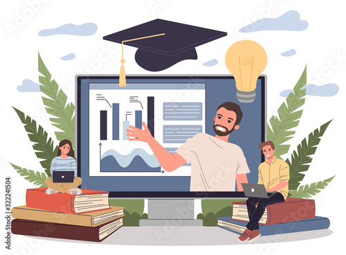 Online teacher explaining graphs on monitor. Students with laptops and books watching webinar. Vector illustration for internet education, training, elearning concept
