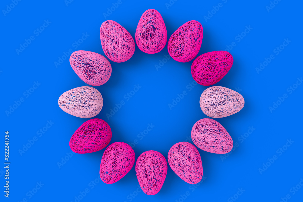Easter concept. On an blue background a lot of eggs woven from intertwined all shades of pink and white threads laid out in a circle with an empty space in the center. 3D stock illustration. Easter concept. On an blue background a lot of eggs woven from intertwined all shades of pink and white threads laid out in a circle with an empty space in the center. 3D stock illustration.