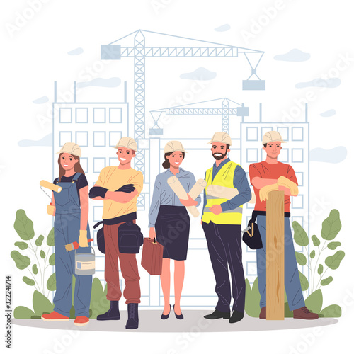 Builders, architect, engineer, foreman standing together. Positive professional team in hardhats with blueprints and tools working on construction site. Building works, job concept