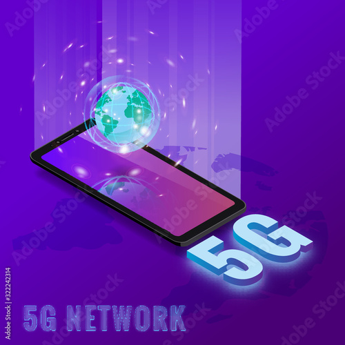 5G internet new mobile wireless technology wifi connection. Isometric smartphone with Earth planet