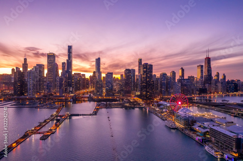 Chicago downtown buildings skyline aerial sunset Navy Pier
