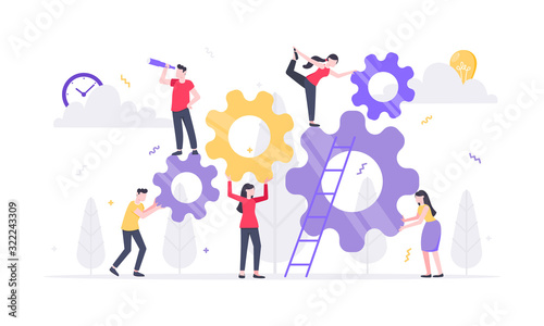 Teamwork concept with tiny people characters working together with big gears cog wheels settings icons. Teamwork and time management concept flat style design vector illustration isolated.