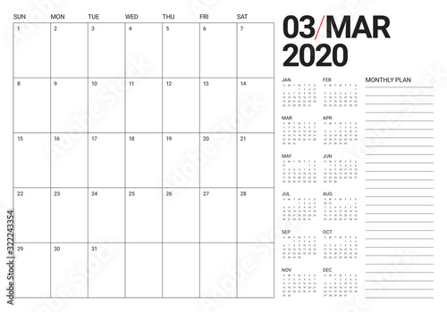 March 2020 desk calendar vector illustration