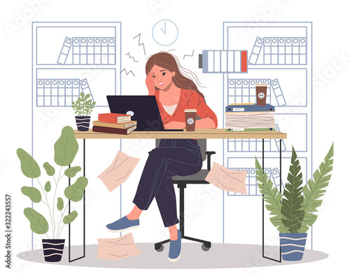 Hard office work with overload vector illustration. Young frustrated woman sitting at office with depression. Professional and emotional burnout concept.