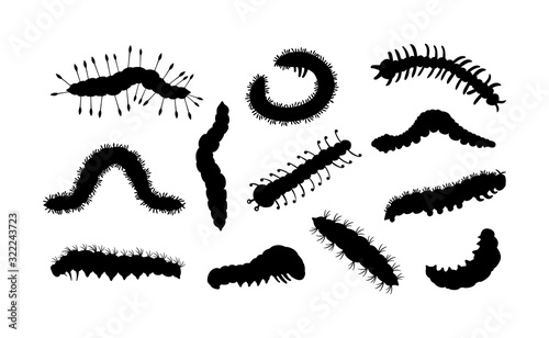 Set spring and summer caterpillar icons. Black caterpillars with different silhouette on white background. For festive card, logo, children, pattern, tattoo, decorative, concept. Vector illustration