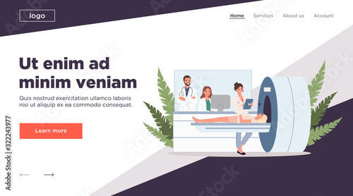 MRI scanner examination. Magnetic resonance tomography, patient, doctor flat vector illustration. Treatment, lab, research, tumor concept for banner, website design or landing web page