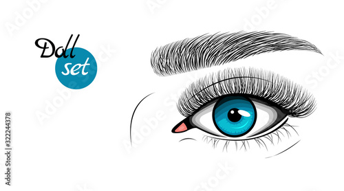 Vector illustration of blue female eye with extended eyelashes and eyebrow. Barbie doll set.