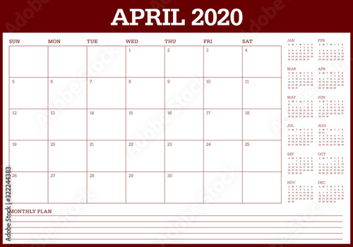 April 2020 desk calendar vector illustration