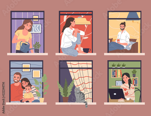 Open windows with diverse and friendly neighbors in apartments vector illustration. Exterior of building with men and women living inside. Happy neighborhood, daily routine