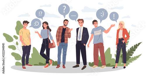 Group of young people talking vector illustration. Social networks, dialog and conversation concept. Men and women asking, answering questions with speech bubbles