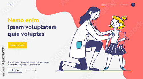 Doctor examining little patient. Toddler girl with toy visiting practitioner flat vector illustration. Childhood, health, examination concept for banner, website design or landing web page