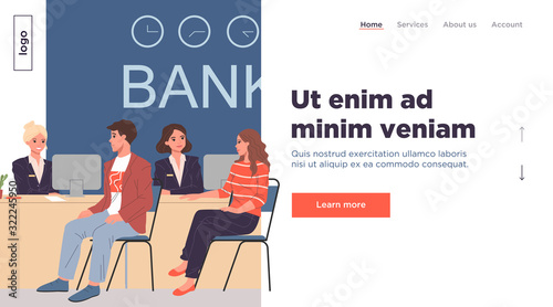 Customers consulting bank employees. Consultation, deposit, loan terms flat vector illustration. Finance, transaction, economy concept for banner, website design or landing web page