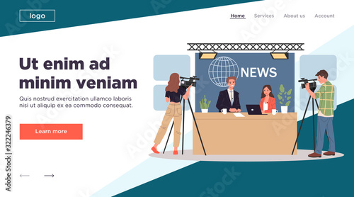TV news studio. Cameramen, hosts, newscaster, guest flat vector illustration. Morning show, broadcasting, interview concept for banner, website design or landing web page