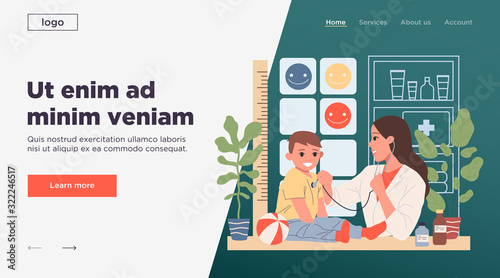 Toddler boy visiting pediatrician. Child doctor with stethoscope examining kid flat vector illustration. Child care, examination, childhood concept for banner, website design or landing web page