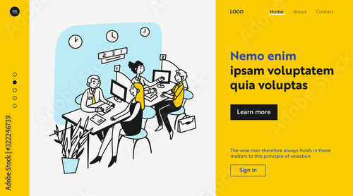 Financial consultation in bank office. Customers consulting managers in bank lobby flat vector illustration. Finance, service, loan, deposit concept for banner, website design or landing web page