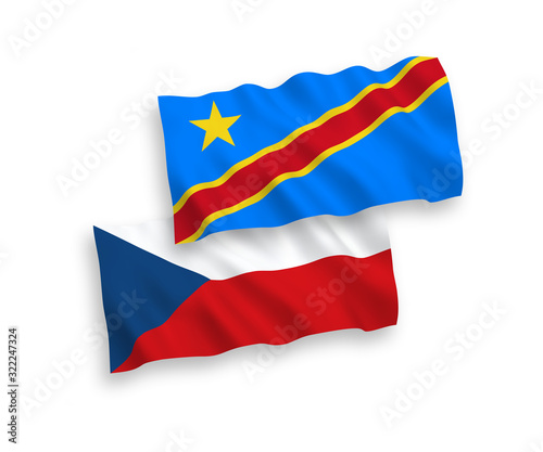 National vector fabric wave flags of Czech Republic and Democratic Republic of the Congo isolated on white background. 1 to 2 proportion.