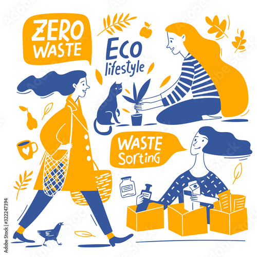 Eco lifestyle motivational vector design with zero waste elements and lettering