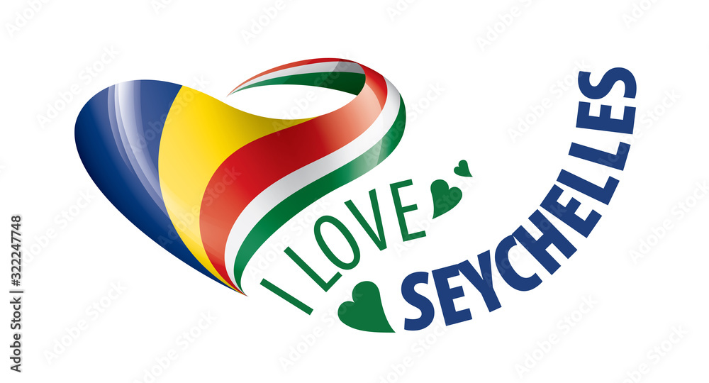 Obraz premium National flag of the Seychelles in the shape of a heart and the inscription I love Seychelles. Vector illustration