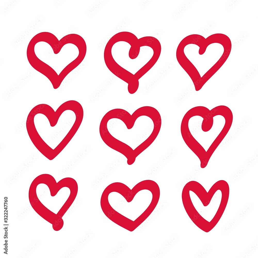 Red hearts hand drawn set. Vector decorative elements, isolated clipart objects.