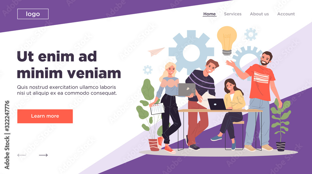Happy startup team brainstorming. Young men and women with laptops, bulbs, gears working together flat vector illustration. Teamwork, creativity concept for banner, website design or landing web page