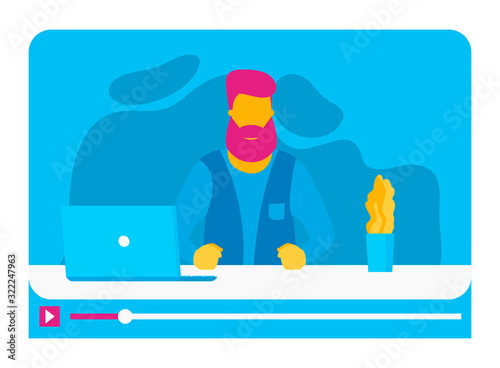 Vector video blogger image, sitting at the table, in front of the computer, video player styling