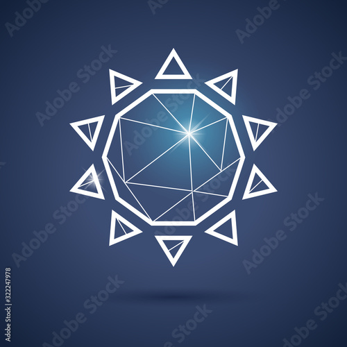 Shiny outline sun. Weather symbol. Geometric vector icon on dark background