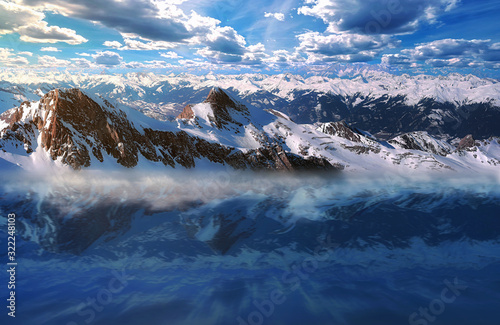 Aerial wide angle panorama of Zell am See and Kaprun tourist resort