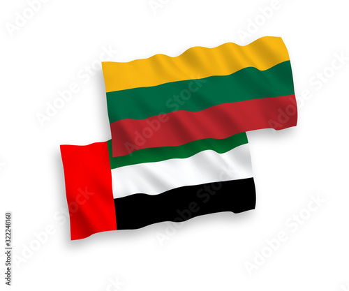 National vector fabric wave flags of Lithuania and United Arab Emirates isolated on white background. 1 to 2 proportion.
