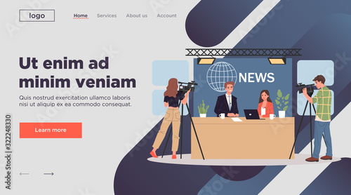 TV news anchors. Couple of newscasters, cameramen working in studio flat vector illustration. Broadcasting, media, daily news concept for banner, website design or landing web page