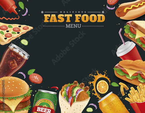 fast food items-hamburger, fries, hotdog, drinks, sandwich, baguette,pizza, tortilla wrap