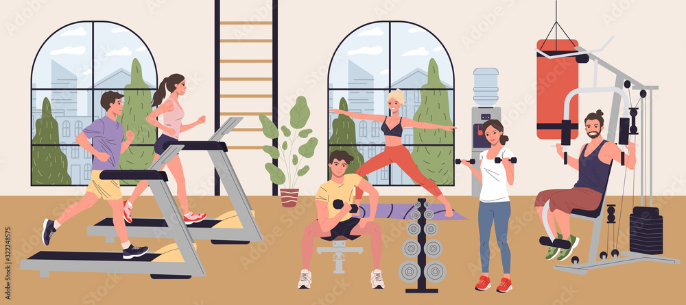 People doing cardio exercises, weight lifting and yoga in gym vector illustration. Men and women performing fitness exercises in exercise class. Wellness, sport activities, healthy lifestyle - obrazy, fototapety, plakaty 