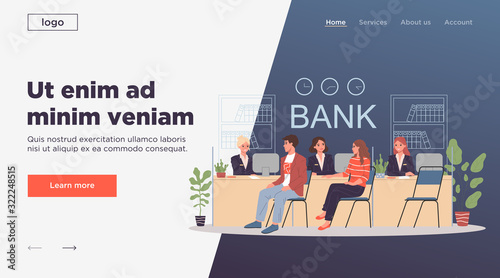 Clients consulting bank managers. Consultants and customers discussing deposits or loan terms flat vector illustration. Finance, credit, business concept for banner, website design or landing web page