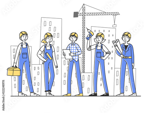 Team of builders working on construction site. Painter, engineer, foreman in helmets holding tools and blueprints at cranes and buildings. Vector illustration for teamwork, labor, occupation