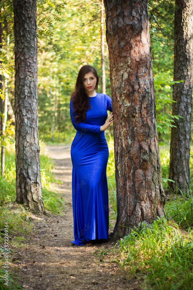 Beautiful, young girl dressed in a blue dress, on a background of a pine forest. Beautiful, young girl dressed in a blue dress, on a background of a pine forest.