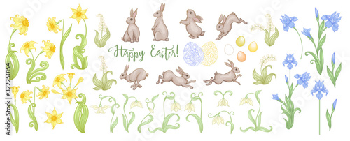 Happy Easter Set of hares, patterned eggs and spring flowers: iris, lily of the valley, snowdrop daffodil. In art nouveau style, vintage retro style. Outline vector illustration