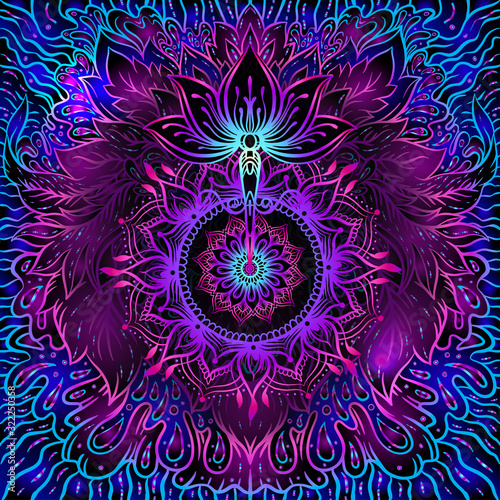 Seamless pattern with ornate Lotus flower. Ayurveda symbol of harmony and balance and universe. Boho print, poster, t-shirt textile. Vector illustration in neon, fluorescent colors