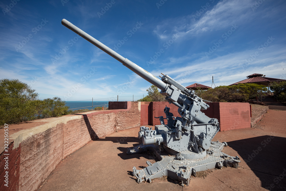 Front view of the world war II era 3.7 inch anti aircraft gun mounted on Hummock Hill in Whyalla Front view of the world war II era 3.7 inch anti aircraft gun mounted on Hummock Hill in Whyalla