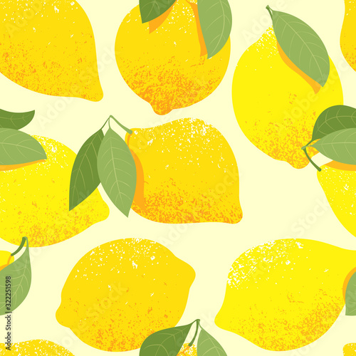Lemons with leaves seamless pattern. Lemons have a texture. A sunshine yellow background.